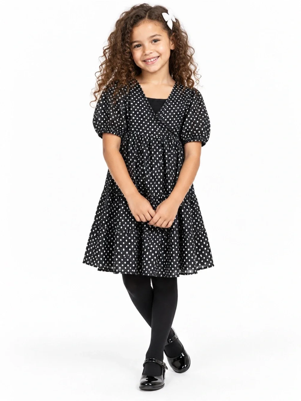 Zara Kids Black Silver Metallic Dot Tiered Wrap Dress Size 8⁠